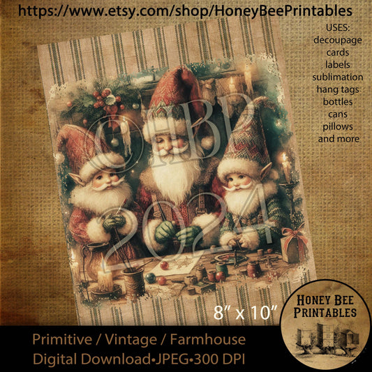 Digital Download, Printable, Decoupage, Sublimation, Vintage, Primitive, Farmhouse, 8x10, Christmas, Elves, Santa's Workshop, Elf, Santa