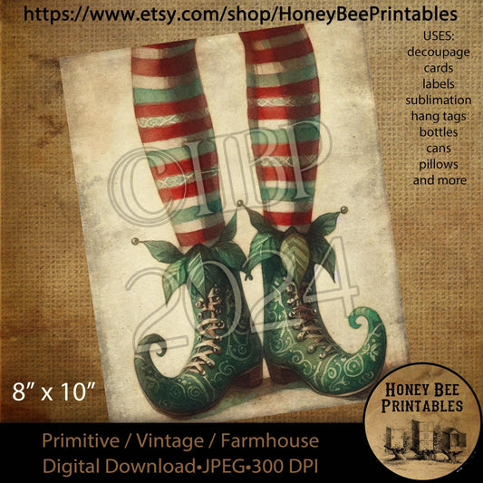 Digital Download, Printable, Decoupage, Sublimation, Vintage, Primitive, Farmhouse, 8x10, Christmas, Elf, Elves, Stockings, Shoes, Santa