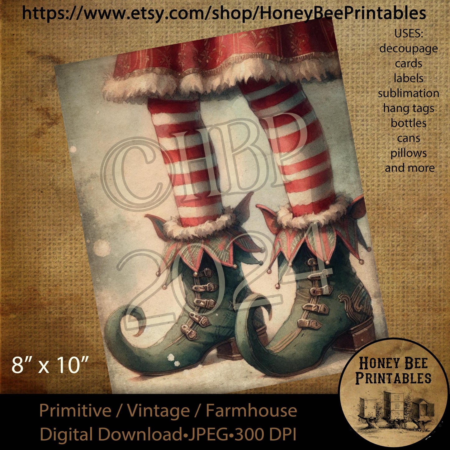 Digital Download, Printable, Decoupage, Sublimation, Vintage, Primitive, Farmhouse, 8x10, Christmas, Elf, Elves, Stockings, Shoes, Tutu