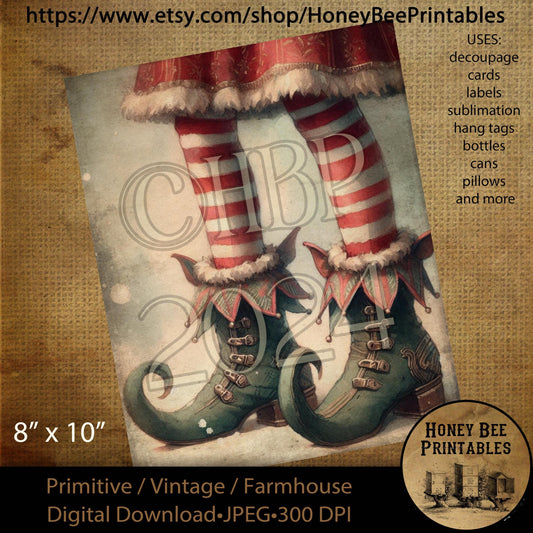 Digital Download, Printable, Decoupage, Sublimation, Vintage, Primitive, Farmhouse, 8x10, Christmas, Elf, Elves, Stockings, Shoes, Tutu