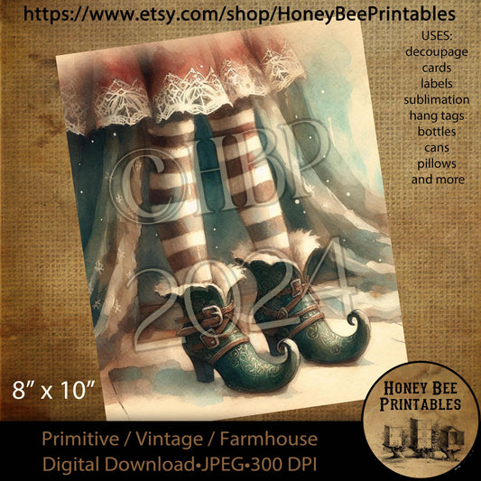 Digital Download, Printable, Decoupage, Sublimation, Vintage, Primitive, Farmhouse, 8x10, Christmas, Girl Elf, Elves, Stockings, Shoes, Tutu