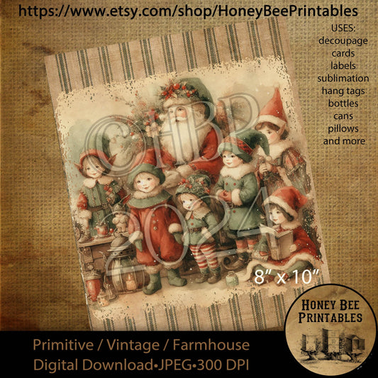 Digital Download, Printable, Decoupage, Sublimation, Vintage, Primitive, Farmhouse, 8x10, Christmas, Santa and Elves, Santa Claus, Elves, 2