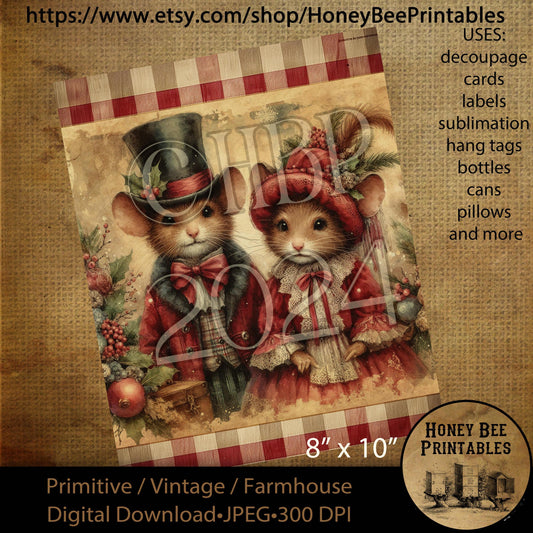 Digital Download, Printable, Decoupage, Vintage,  Primitive, Farmhouse, 8x10, Christmas, Victorian Mice, Christmas Mice, Mouse, #4