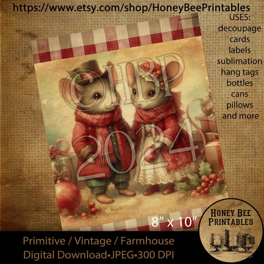 Digital Download, Printable, Decoupage, Vintage,  Primitive, Farmhouse, 8x10, Christmas, Victorian Mice, Christmas Mice, Mouse, #2