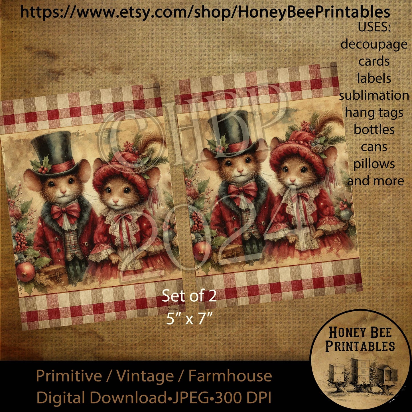 Digital Download, Printable, Decoupage, Vintage,  Primitive, Farmhouse, 5x7, Set of 2, Christmas, Victorian Mice, Christmas Mice, Mouse, #4