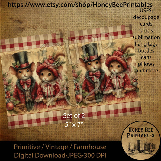 Digital Download, Printable, Decoupage, Vintage,  Primitive, Farmhouse, 5x7, Set of 2, Christmas, Victorian Mice, Christmas Mice, Mouse, #4