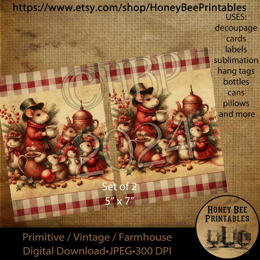Digital Download, Printable, Decoupage, Vintage,  Primitive, Farmhouse, 5x7, Set of 2, Christmas, Victorian Mice, Christmas Mice, Mouse, #1