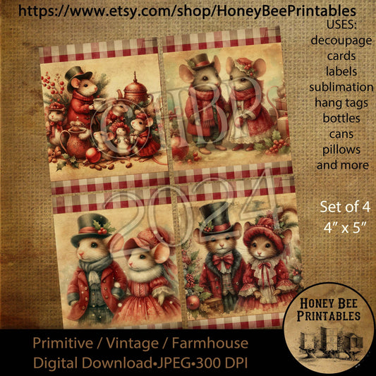Digital Download, Printable, Decoupage, Vintage,  Primitive, Farmhouse, 4x5, Set of 4, Christmas, Victorian Mice, Christmas Mice, Mouse