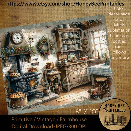 Vintage Digital Download Printable Decoupage Primitive, Kitchen, Kitchen, Old Fashioned Kitchen, Pies, Baking, Country Kitchen, Christmas
