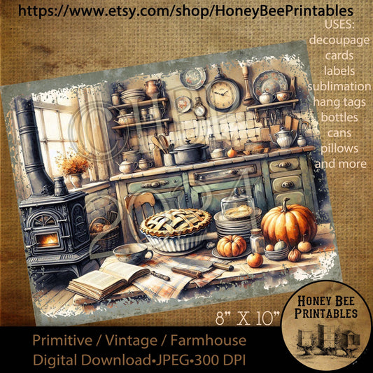 Vintage Digital Download Printable Decoupage Primitive, Kitchen, Primitive Kitchen, Fall Kitchen, Autumn, Pumpkins, Baking, Pies, Recipes