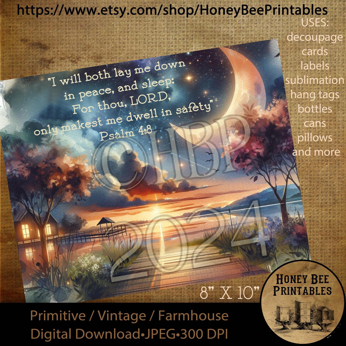 Vintage Digital Download Printable Decoupage Primitive, I Will Both Lay Me Down in Peace and Sleep, Psalm 4:8, Psalms, Moon, Good Night