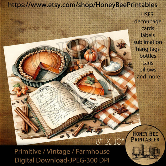 Vintage Digital Download Printable Decoupage Primitive, Primitive Kitchen, Pumpkin Pie, Pie, Pumpkins, Recipe Book, Pumpkin Pie Recipe, 02