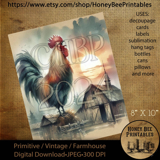 Vintage Digital Download Printable Decoupage Primitive, Rooster, Barn, Hay, Sunrise, Good Morning,  Farm, Crow, Rise & Shine, Sunrise, 02