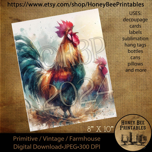 Vintage Digital Download Printable Decoupage Primitive, Rooster, Sunrise, Good Morning, Farm, Crow, Rise & Shine, Sunrise, 04