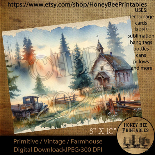 Vintage Digital Download Printable Decoupage Primitive, Old Grungy Chapel, Church, Old White Chapel, Old Truck, Wildflowers, Sunrise 02