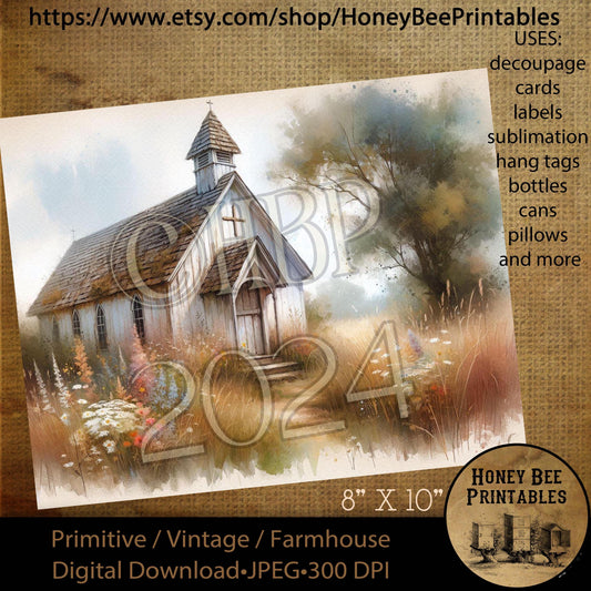 Digital Download, Printable, Decoupage, Vintage, Primitive, 8x10, Old White Chapel, Church, Wildflowers, Tree, Inspirational, Grungy