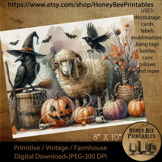 Digital Download, Printable, Decoupage, Vintage, Primitive, 8x10, Halloween Animals, Sheep, Crows, Pumpkins, Witch Hat, Witch Broom, Berries
