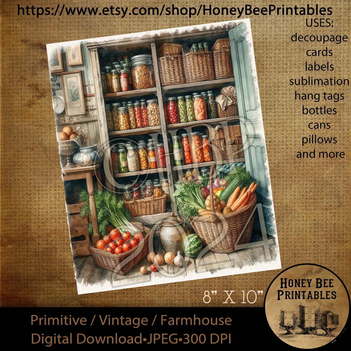Digital Download, Printable, Decoupage, Vintage, Primitive, 8x10, Primitive Pantry, Buttery, Kitchen, Vegetables, Harvest, Canned Goods, 2