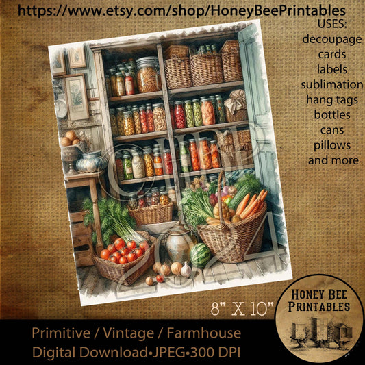 Digital Download, Printable, Decoupage, Vintage, Primitive, 8x10, Primitive Pantry, Buttery, Kitchen, Vegetables, Harvest, Canned Goods, 2