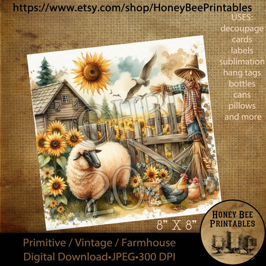 Digital Download, Printable,  Decoupage, Vintage, Primitive, Sheep, Farm, Chickens, Scarecrow, Sunrise, Sunflowers, Old Barn, Fence, 8x8