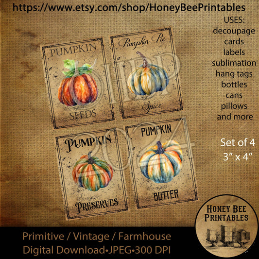 Digital Download, Printable, Decoupage, Vintage, Primitive, Fall, Autumn Pumpkin 3x4 color pantry labels, use for Jars, Cans, Books, wood