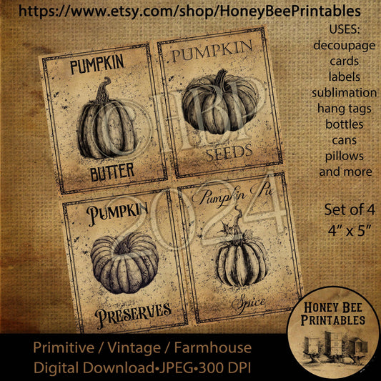 Digital Download, Printable, Decoupage, Vintage, Primitive, Fall, Autumn Pumpkin 4x5 black & white pantry labels, use for Jars, Cans, wood