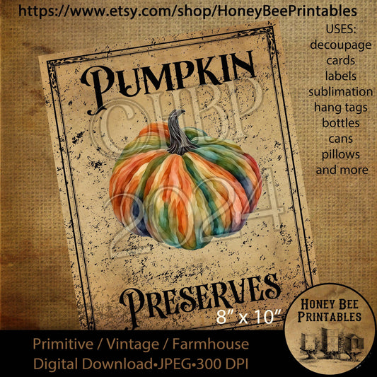 Digital Download, Printable, Decoupage, Vintage, Primitive, Fall, Autumn Pumpkin Preserves pantry labels, use for Jars, Cans, wood, 8x10