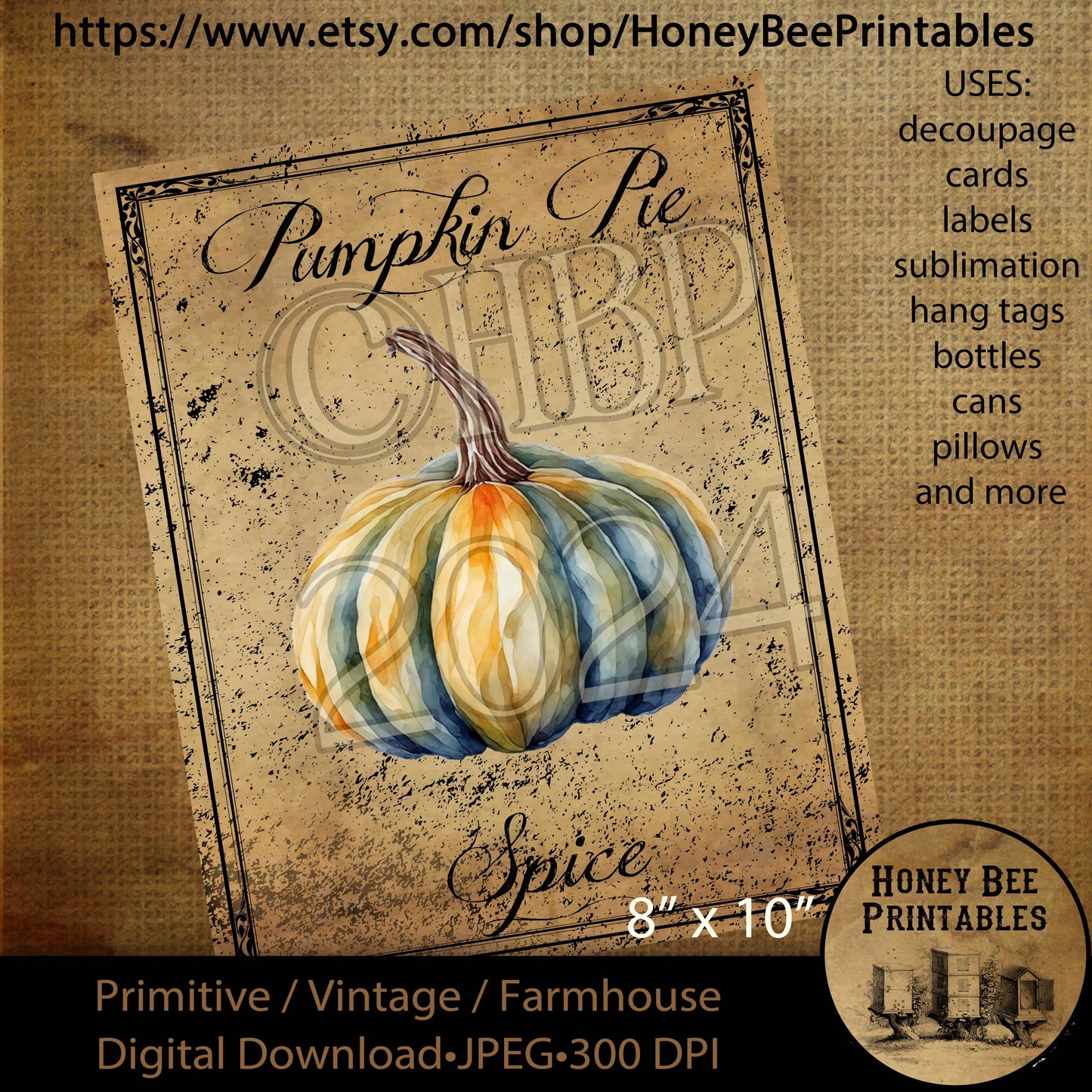 Digital Download, Printable, Decoupage, Vintage, Primitive, Fall, Autumn Pumpkin Pie Spice pantry labels, use for Jars, Cans, wood, 8x10