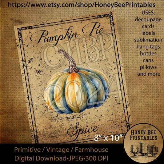 Digital Download, Printable, Decoupage, Vintage, Primitive, Fall, Autumn Pumpkin Pie Spice pantry labels, use for Jars, Cans, wood, 8x10