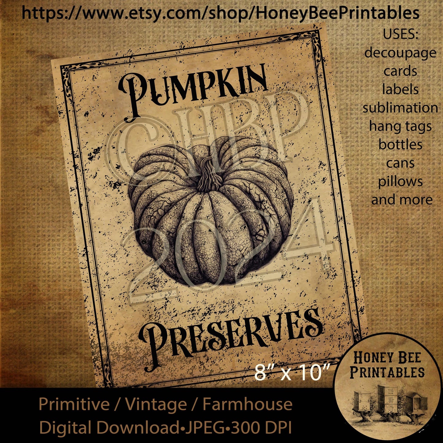 Digital Download, Printable, Decoupage, Vintage, Primitive, Fall, Autumn Pumpkin Preserves pantry labels, use for Jars, Cans, wood, 8x10 B&W
