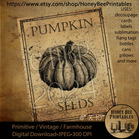 Digital Download, Printable, Decoupage, Vintage, Primitive, Fall, Autumn Pumpkin Seeds pantry labels, use for Jars, Cans, wood, 8x10, B&W