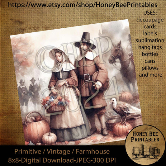 Digital Download, Printable,  Decoupage, Vintage, Primitive, 8x8, Pilgrims 2, Thanksgiving, Pumpkins, Harvest, Fall, Autumn, Thankful