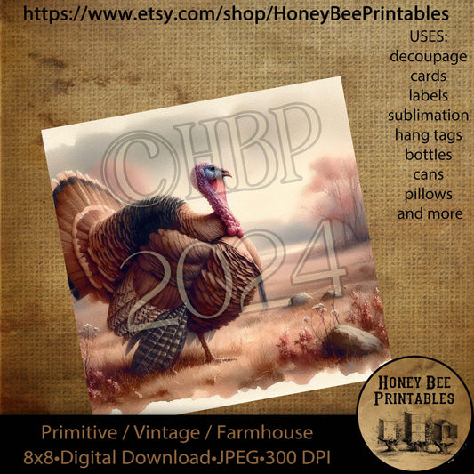 Digital Download, Printable,  Decoupage, Vintage, Primitive, 8x8, Turkey, Thanksgiving, Pumpkins, Harvest, Fall, Autumn, Thankful
