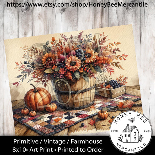 Digital Download, Printable, Decoupage, Vintage, Prim, Fall, Autumn, Tablescape, Firkin Bucket, Fall Floral Arrangement, Pumpkins, Quilt