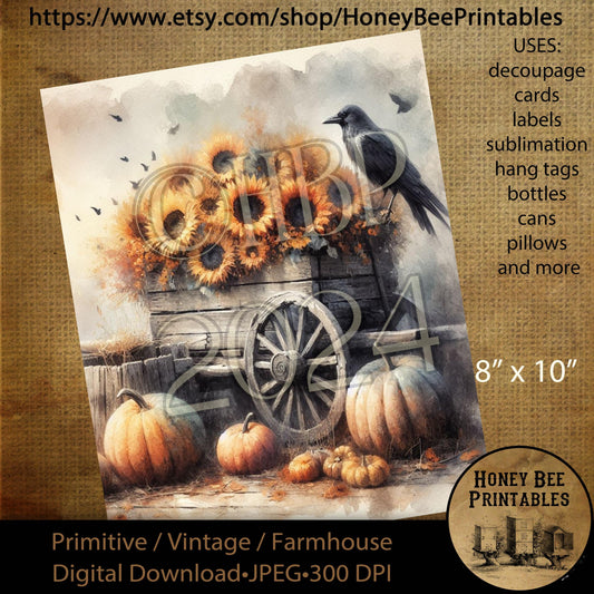 Digital Download, Printable, Decoupage, Vintage, Primitive, Fall, Autumn, Crow, Old Wagon, Sunflowers, Rustic, Pumpkins, Wagon of Sunflowers