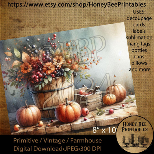 Digital Download, Printable, Decoupage, Vintage, Prim, Fall, Autumn, Tablescape, Firkin Bucket, Fall Floral Arrangement, Pumpkins, Quilt, 2