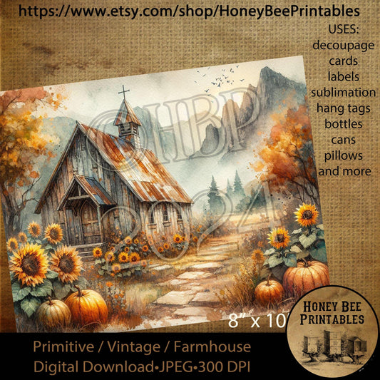 Digital Download, Printable, Decoupage, Vintage, Primitive, Fall, Autumn, Landscape, Rustic, Church, Chapel, Sunflowers, Pumpkins, 8x10