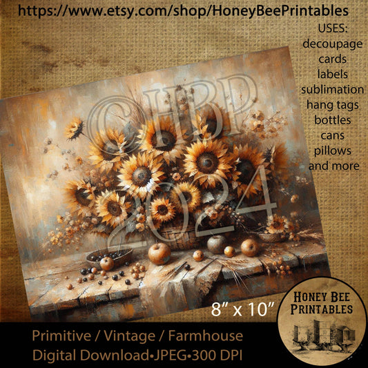 Digital Download, Printable, Decoupage, Vintage, Primitive, Fall, Autumn, Tablescape, Rustic, Grungy, Sunflowers, Old Wood Table, 8x10