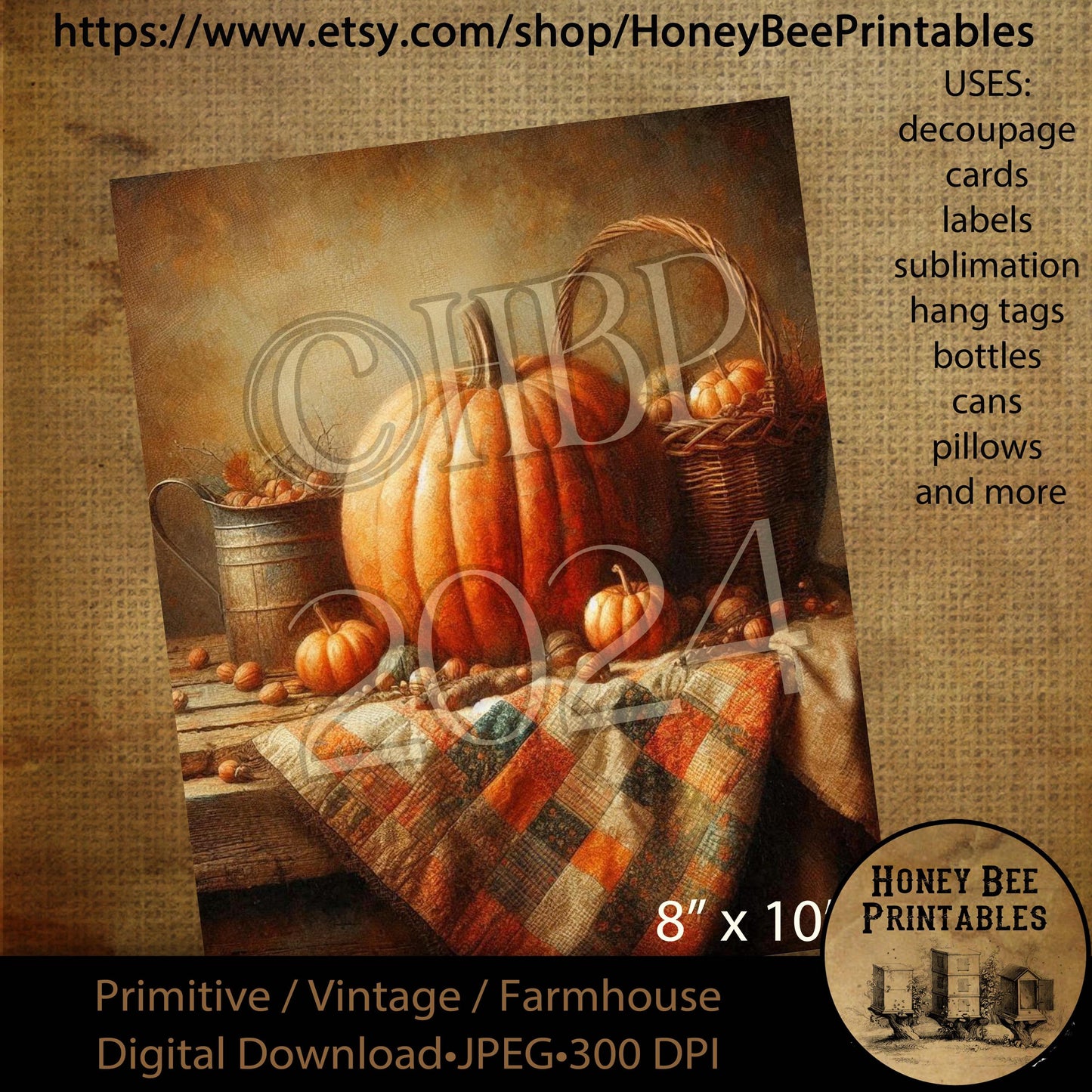 Digital Download, Printable, Decoupage, Vintage, Primitive, Fall, Autumn, Pumpkins, Quilt, Old Table, Metal bucket, Still Life, Basket, 8x10