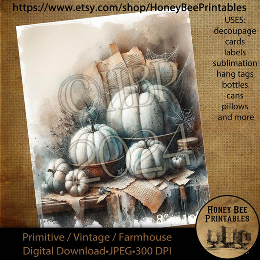 Digital Download, Printable, Decoupage, Vintage, Primitive, Fall, Autumn, White Pumpkins, Quilt, Old Table, Old Paper, Still Life, Cobweb