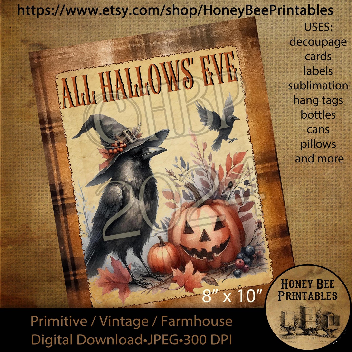 Digital Download, Printable, Decoupage, Vintage, Primitive, Fall, Autumn, Crows, Halloween, Jack-O-Lantern, labels, tags, 8x10