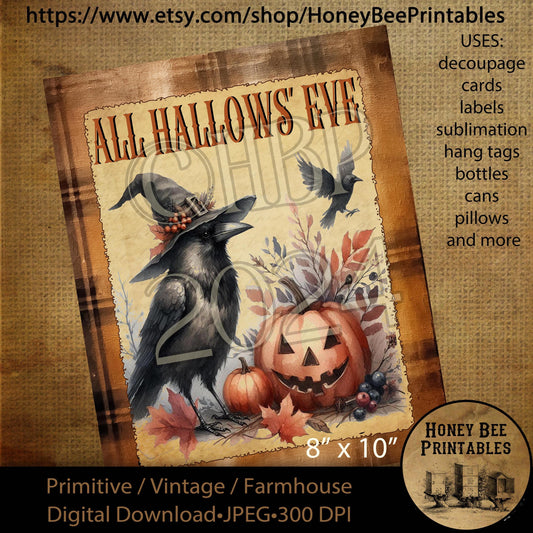 Digital Download, Printable, Decoupage, Vintage, Primitive, Fall, Autumn, Crows, Halloween, Jack-O-Lantern, labels, tags, 8x10