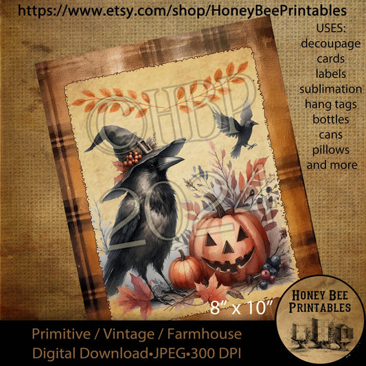 Digital Download, Printable, Decoupage, Vintage, Primitive, Fall, Autumn, Crows, Halloween, Jack-O-Lantern, labels, tags, All Hallow's Eve 2