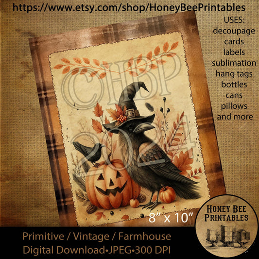 Digital Download, Printable, Decoupage, Vintage, Primitive, Fall, Autumn, Crows, Jack-O-Lantern, Halloween Greetings, 8x10 labels, tags, 2