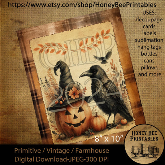 Digital Download, Printable, Decoupage, Vintage, Primitive, Fall, Autumn, Crows, Jack-O-Lantern, Merry Halloween, 8x10 labels, tags, 2