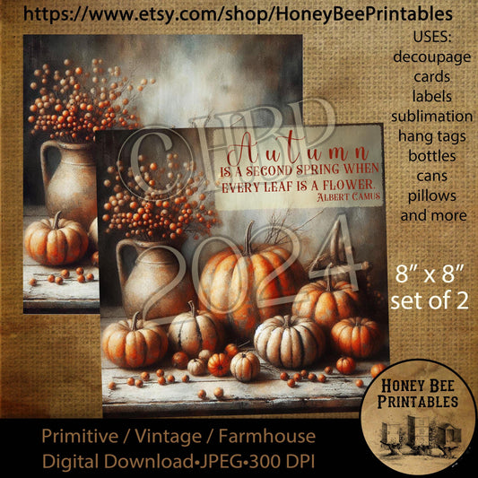 Digital Download, Printable, Decoupage, Vintage, Primitive, Fall, Autumn, Pumpkins, Berries, Fall Florals, Oil Painting, 8x8, Still life