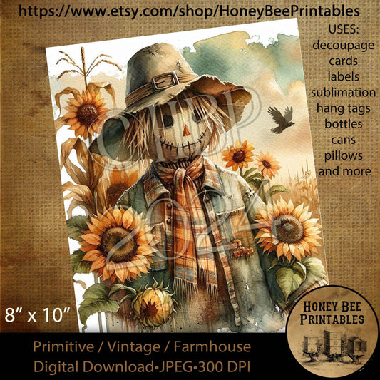 Digital Download, Printable, Decoupage, Vintage, Primitive, Fall, Autumn, Scarecrow, Crow, Halloween, Cornfield, Sunflowers, 8x10