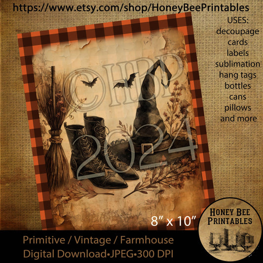 Digital Download, Printable, Decoupage, Vintage, Primitive, Fall, Autumn, Halloween, Witch Broom, Witch Boots, Witch Hat, Witches, Bats, #1