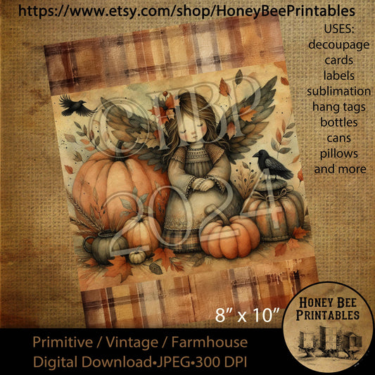 Digital Download, Printable, Decoupage, Vintage, Primitive, Fall, Autumn, Crows, Jack-O-Lantern, Fall Angel, 8x10 labels, tags, 3
