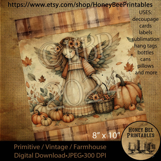 Digital Download, Printable, Decoupage, Vintage, Primitive, Fall, Autumn, Crows, Jack-O-Lantern, Fall Angel, 8x10 labels, tags, 4